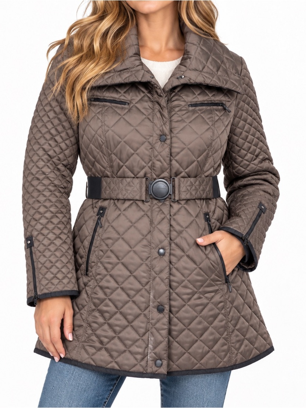 Laundry by Shelli Segal XL Quilted Belted Coat Taupe Brown
